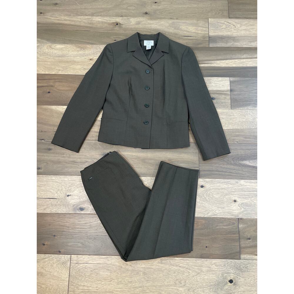 LOFT Olive Green Suit Blazer & Pants Size 4 Fully Lined Cropped Straight Leg